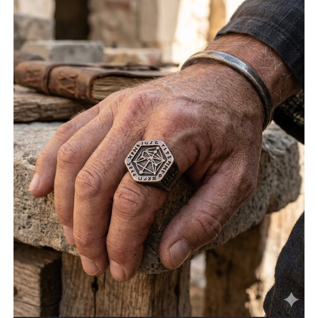 Norse Rune Hexagonal Signet Ring with Sacred Geometry Motif
