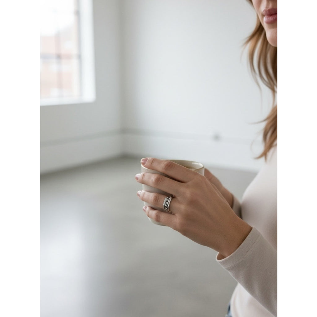 Stainless Steel Spinner Ring Men Women Curb Chain Inlay Fidget Band