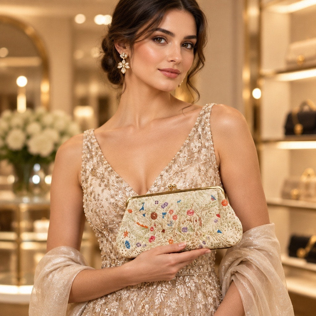 Rare Handcrafted Embroidered Silk Wildflower Gold Frame Clutch Bag-Heirloom