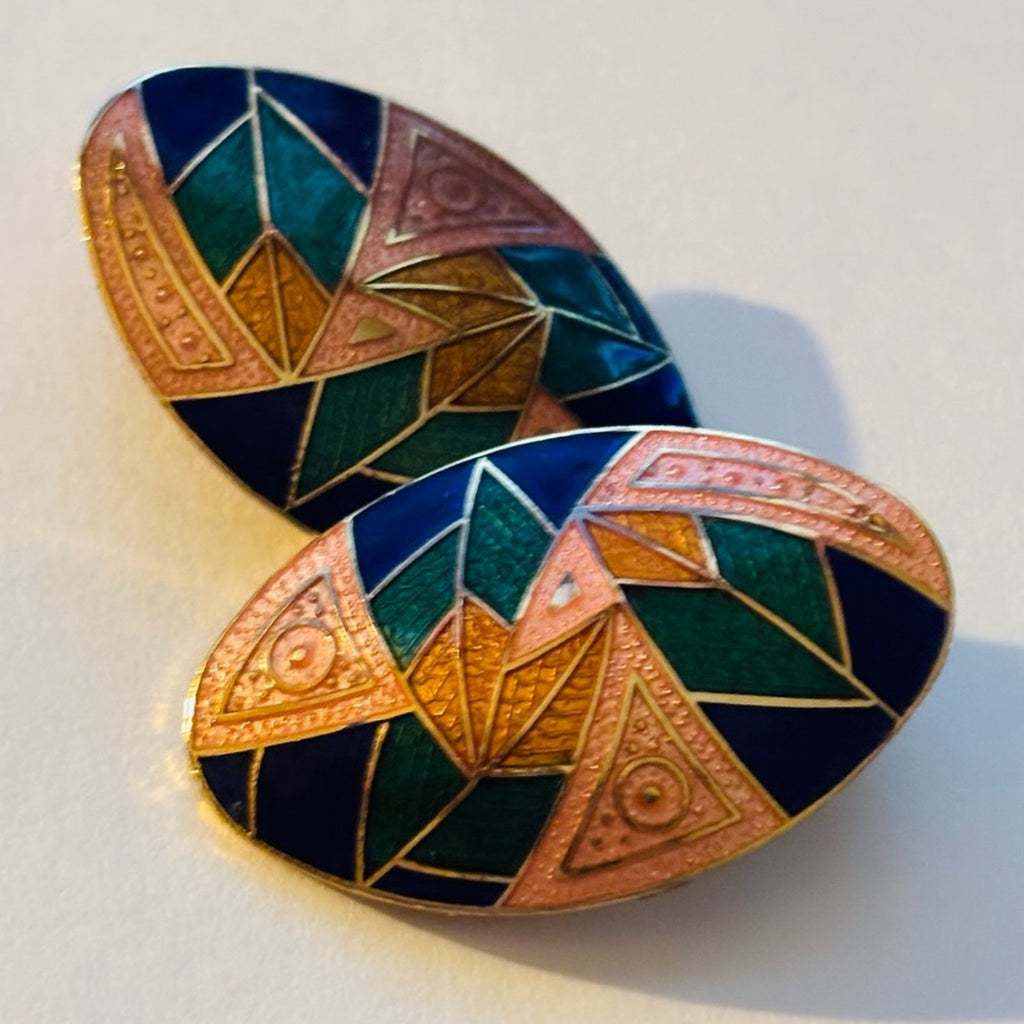 Vintage Geometric Enamel Oval Earrings