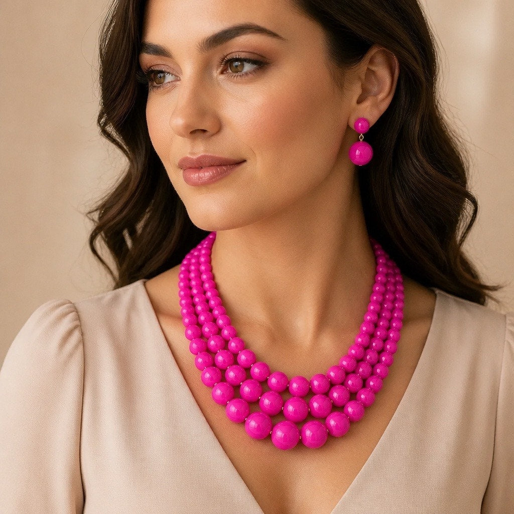 The Barbiecore Bib Set – Ultra Pink Multi-Strand Statement Necklace & Earrings
