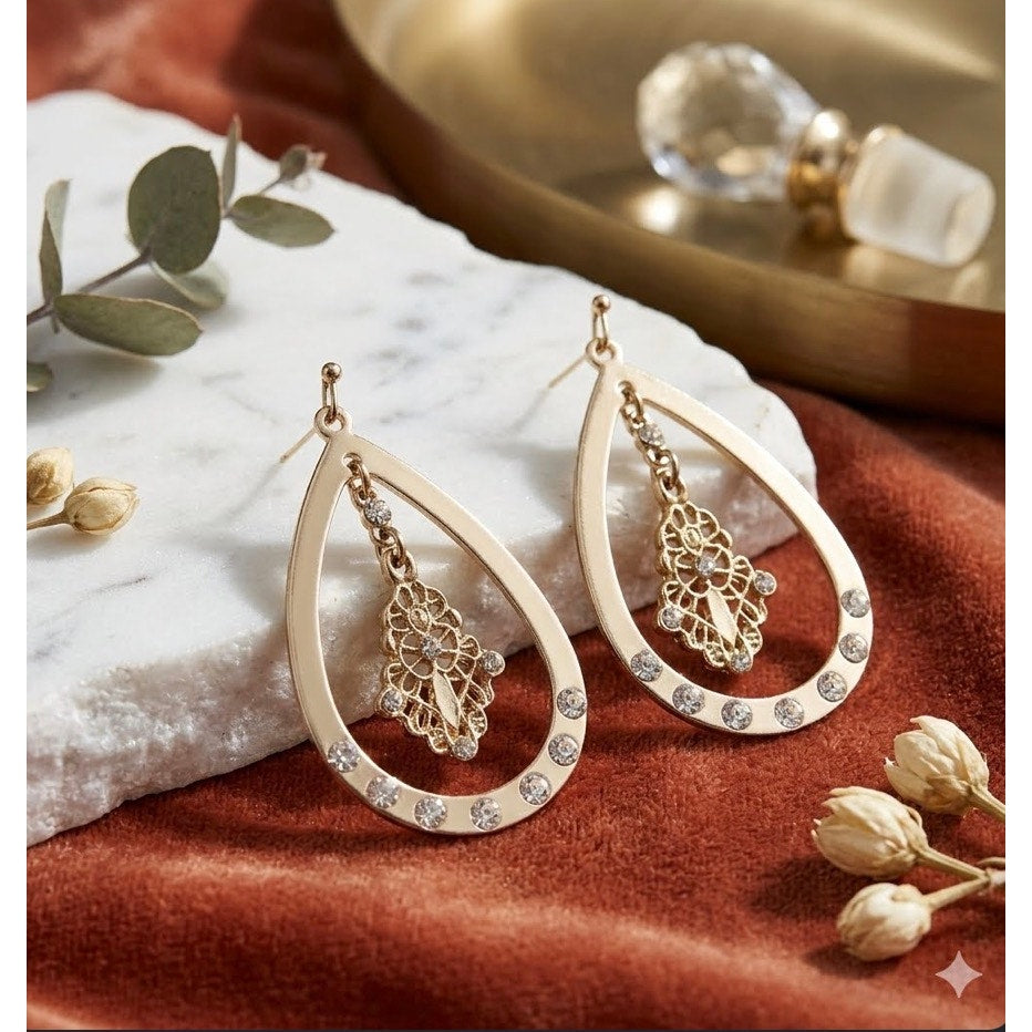Golden Teardrop Chandelier Earrings Rhinestone Accent Textured Center Drop