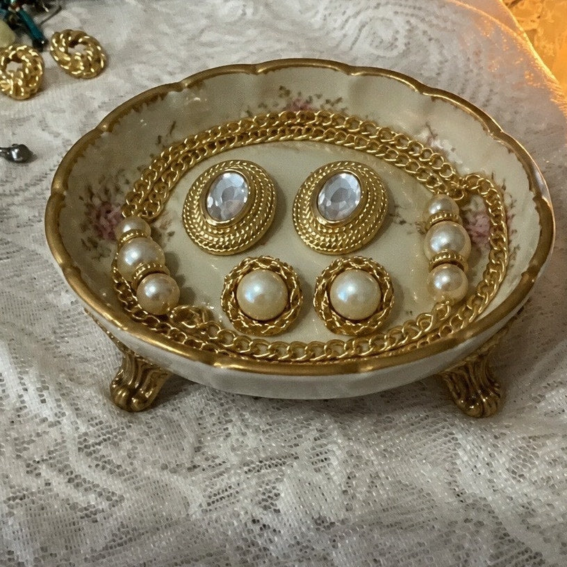 Vintage Gold, Pearl, and Crystal 3-Piece Jewelry Set (Stamped Korea)