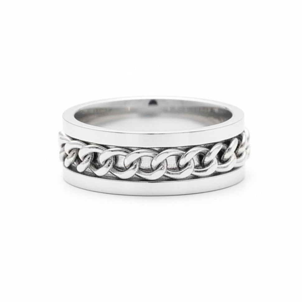 Stainless Steel Spinner Ring Men Women Curb Chain Inlay Fidget Band