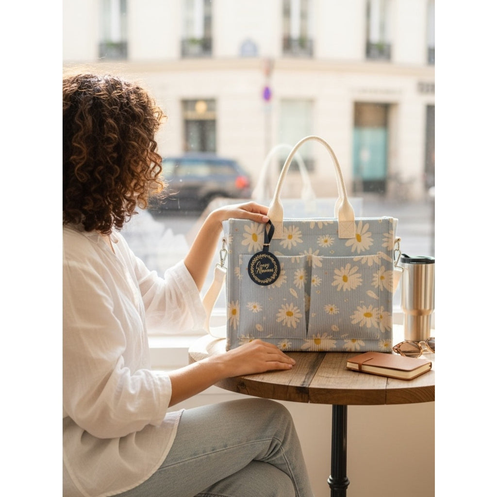 Daisy Print Canvas Tote Bag - Light Blue Excellent quality