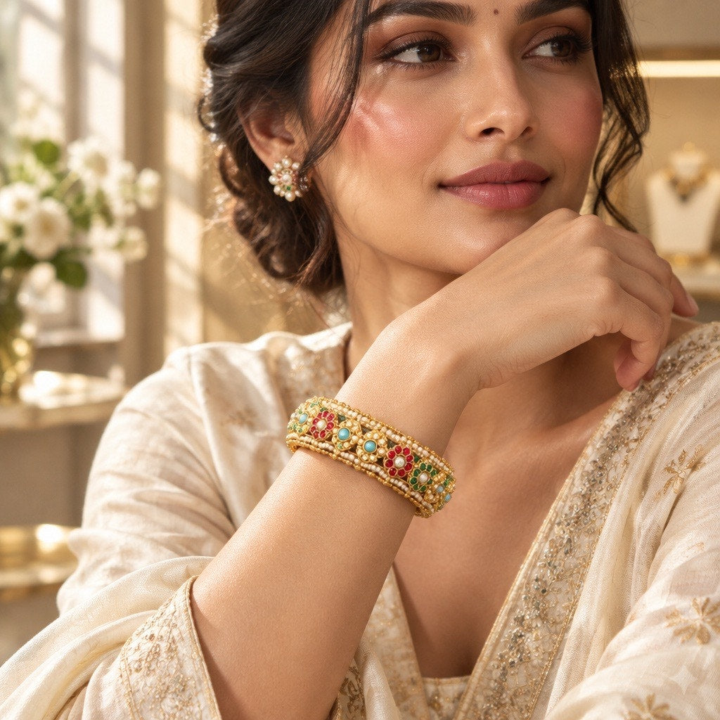 Gold Multicolor Floral Kundan Bangle