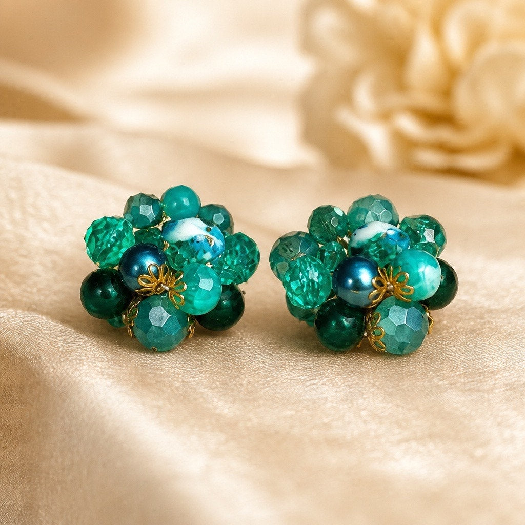 Mid-Century Germany Signed Emerald Green & Teal Faceted Glass Cluster Clip-Ons