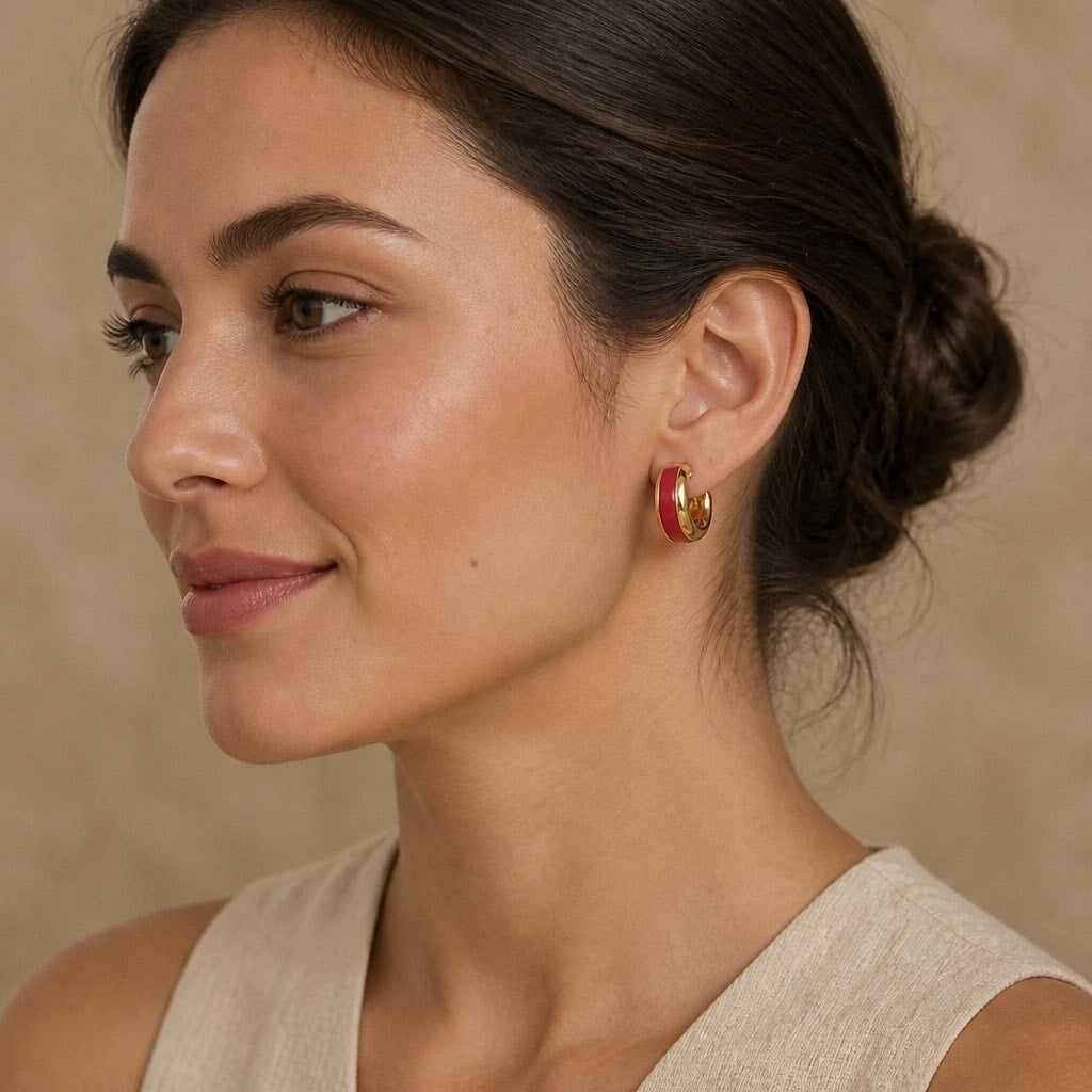 Vintage Luxurious Crimson Red Enamel Crescent Half-Hoop Post Earrings
