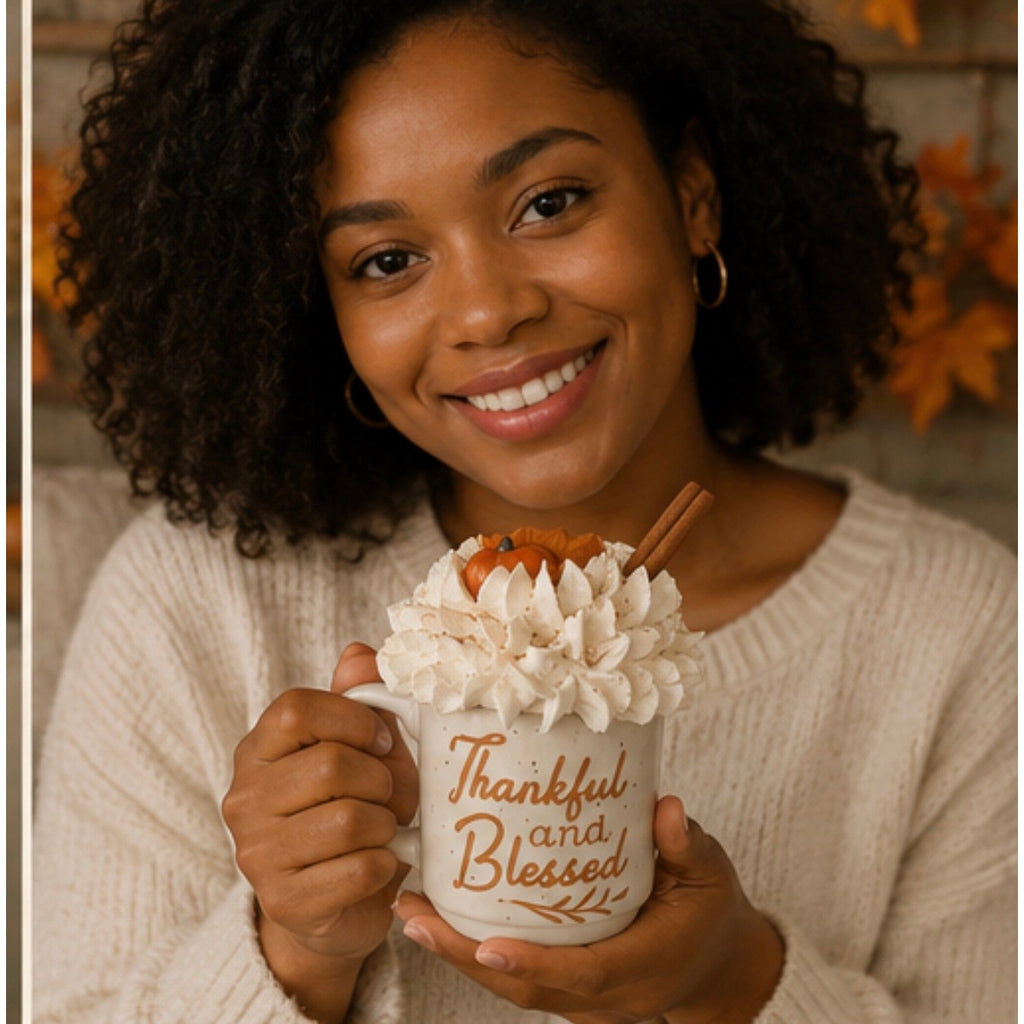 Rustic "Thankful and Blessed" Whipped Cream Mug Decor | Farmhouse Fall Coffee Cup Display