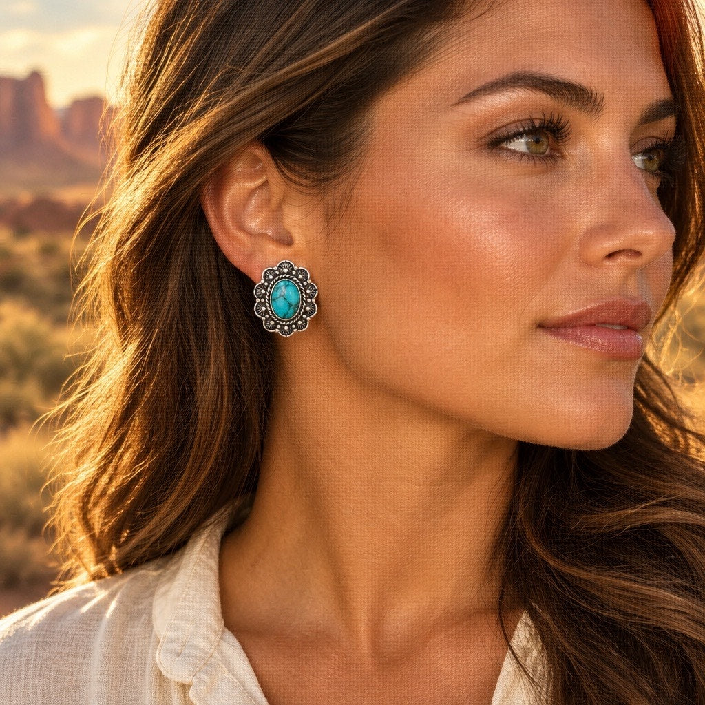 Turquoise Hue Scalloped Stud Earrings, Antiqued Silver Southwest Shields