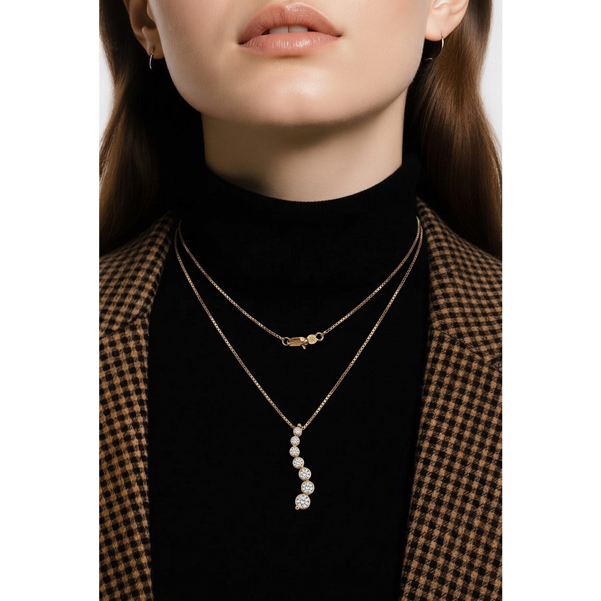 Spectacular 1 CTW Natural Diamond 5-Stone Journey Pendant in Solid 14K Yellow Gold with 14K Box Chain