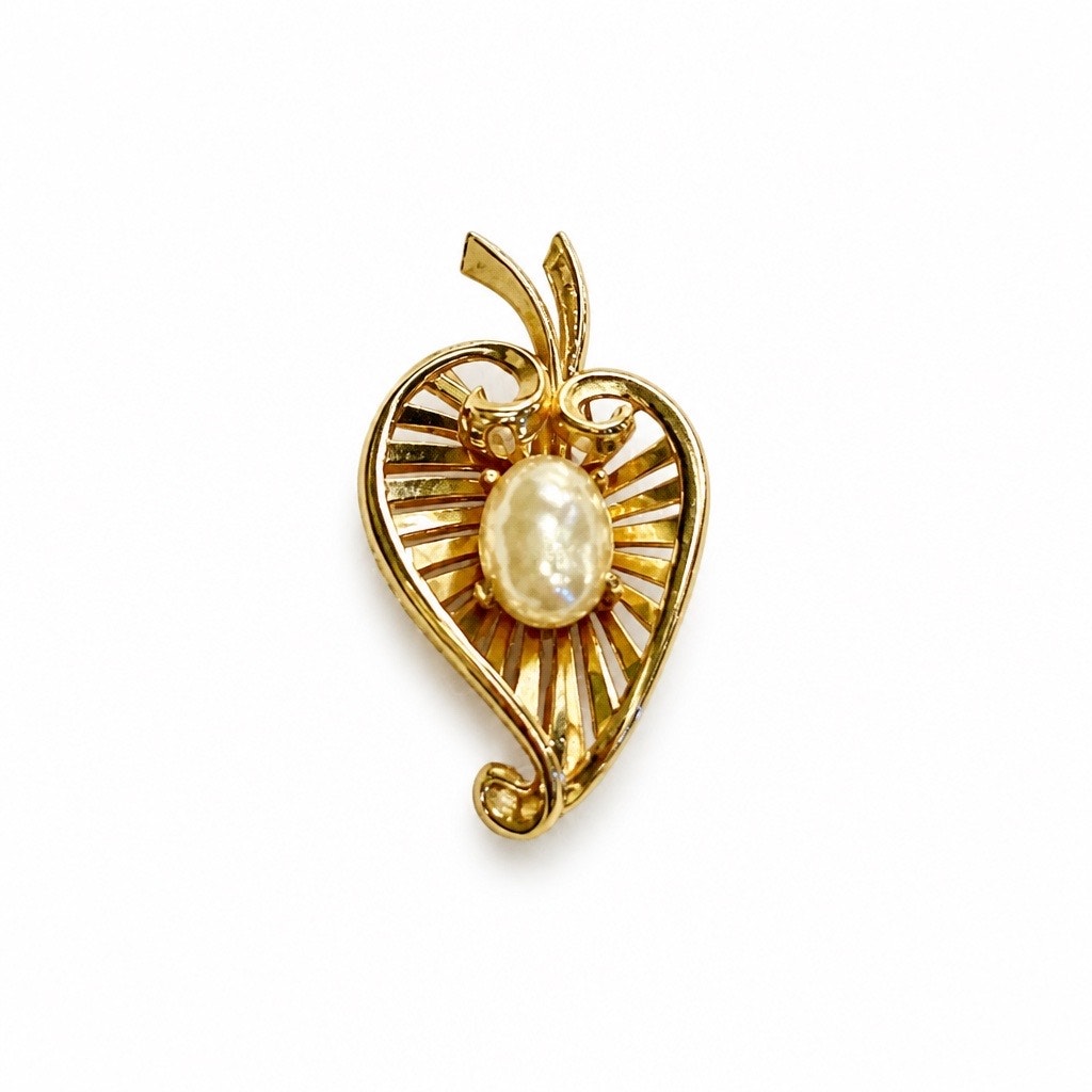 The Golden Autumn Collection: Mid Century Coro Pearl & Rhinestone Leaf Brooch