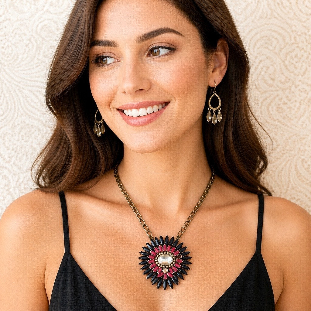Two-in-One: Retired Premier Designs Signed "Prismatic" Reversible Southwestern Sunburst Necklace/ 2 Earrings Sets