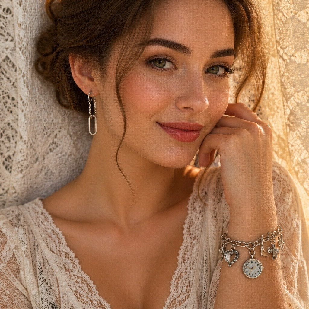 ✨ Silver Tone Coquette Jewelry Trio: Charm Bracelet Watch, Rhinestone Heart Hoops & Paperclip Chain Dangles