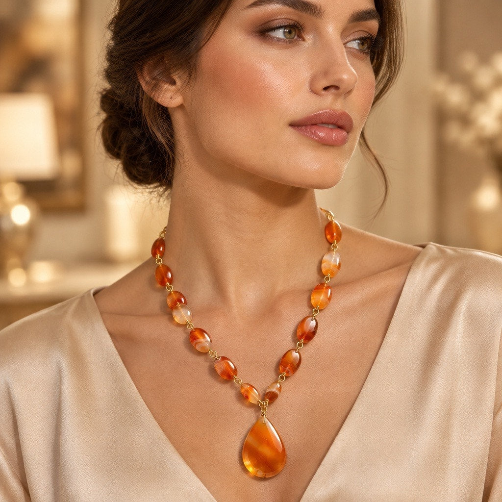 Luxury Banded Carnelian Agate Teardrop Necklace, Heavy Natural Gemstone Strand