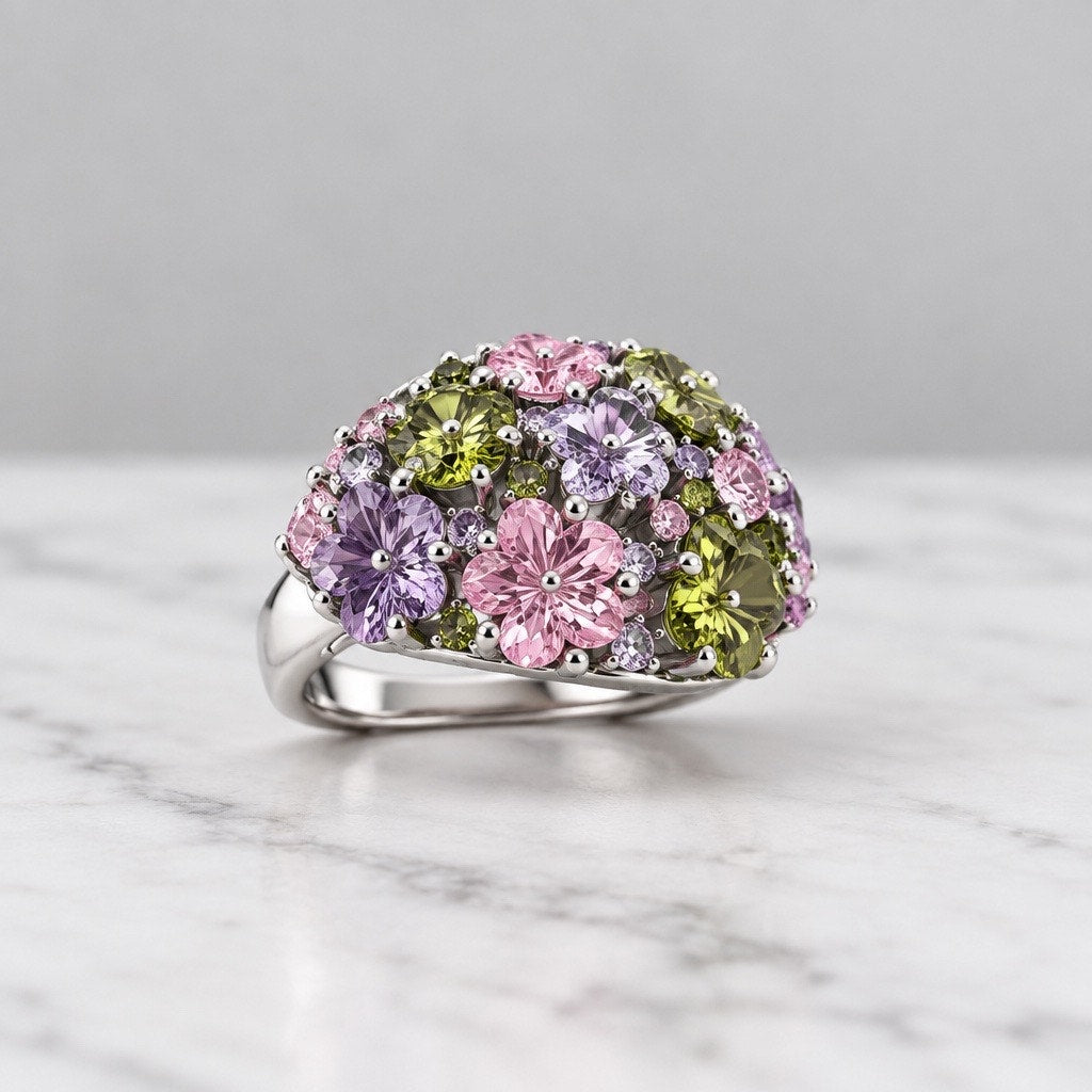 Pastel Cluster Heavy Rhodium Plated Ring, Premium Multi Stone, High Refraction