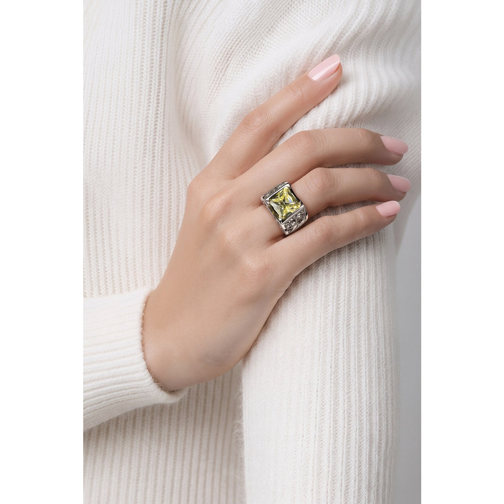 Men's Cushion Cut Yellow Crystal Signet Ring | Silver Filigree Statement Band