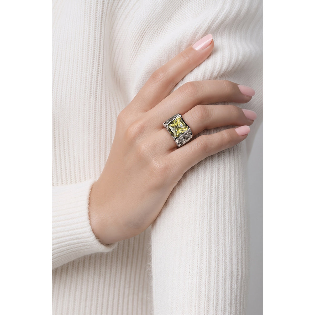 Men's Cushion Cut Yellow Crystal Signet Ring | Silver Filigree Statement Band