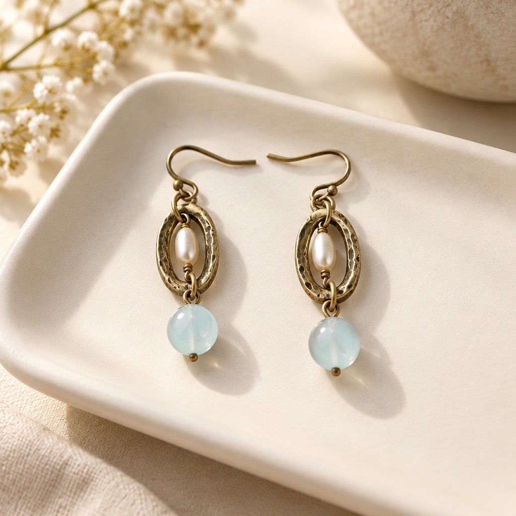 1990s Premier Designs "Butterscotch" Aventurine & Pearl Statement Dangles