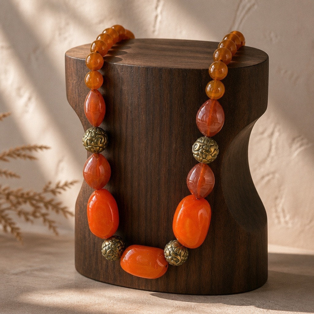 1970 s Vintage Chunky Carnelian Agate & Orange Resin Bead Statement Necklace Earring Sets  – 2 for 1