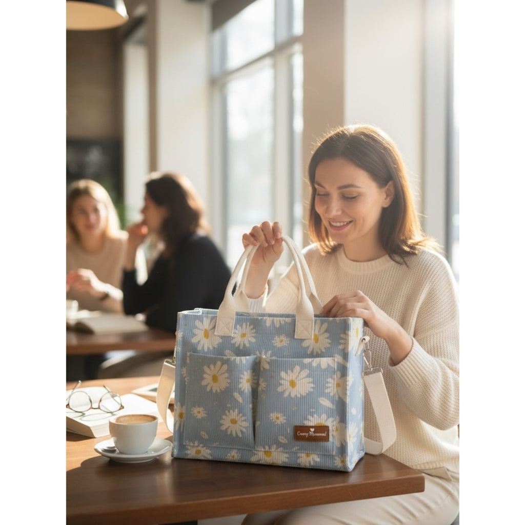 Daisy Print Canvas Tote Bag - Light Blue Excellent quality