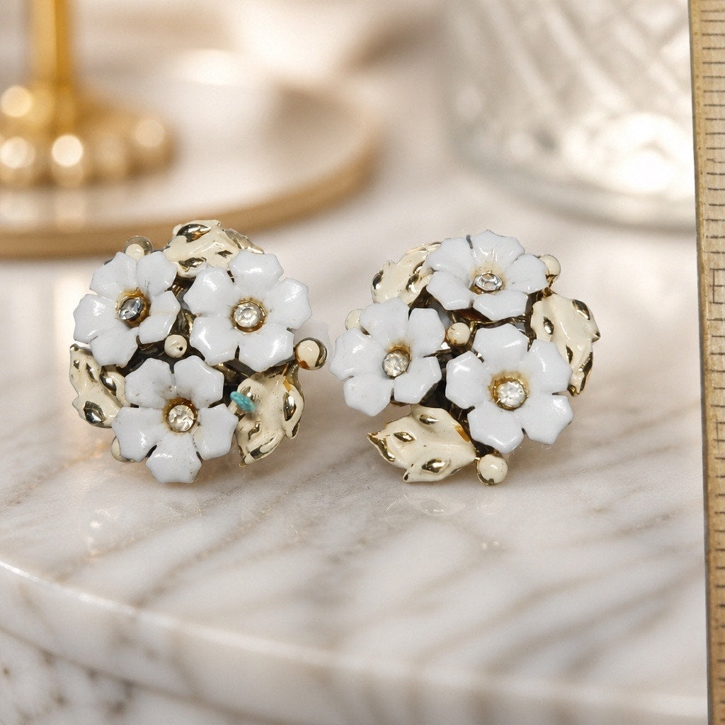 Vintage Coro Signed White Enamel Flower Earrings • 1950s