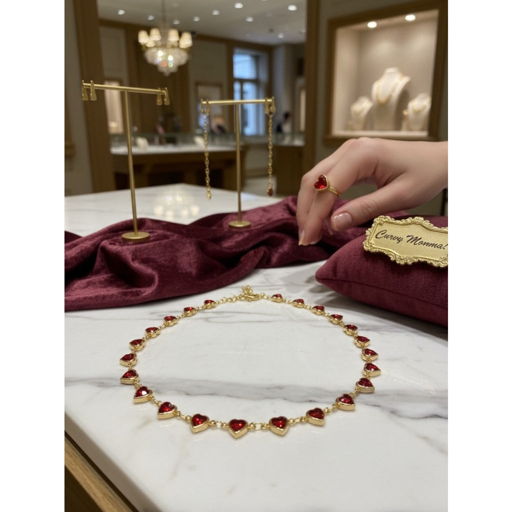 Chain Necklace with Red Hearts