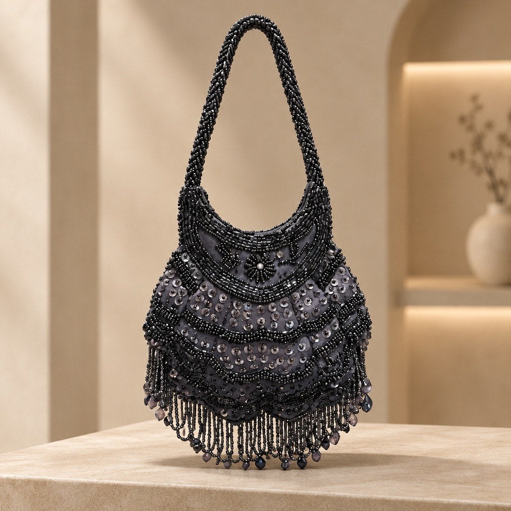 Vintage Hand-Stitched Beaded Art Deco Revival Bag-Rare Iridescent Sequin Fringe