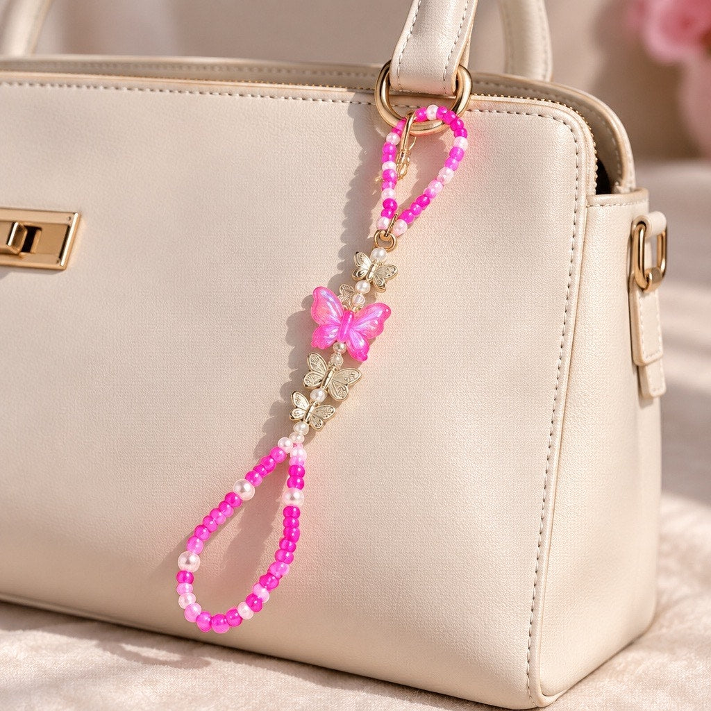 Y2K Whimsical Pink Butterfly Beaded Purse Charm • Coquette Bag Wristlet Accessory