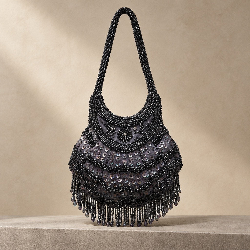 Vintage Hand-Stitched Beaded Art Deco Revival Bag-Rare Iridescent Sequin Fringe