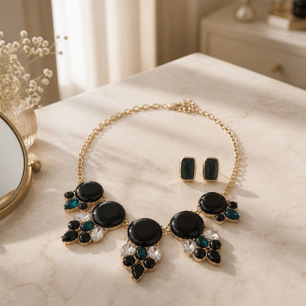 The Hollywood Glamour:  Mid Century Vintage Onyx Black Gold Earrings & Emerald Green Cluster Statement Necklace