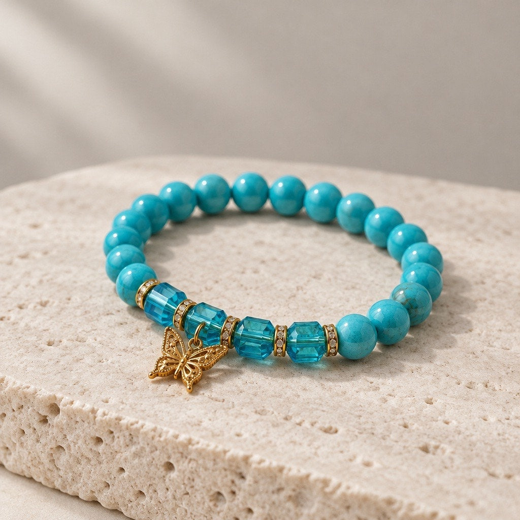 Cerulean Dream Artisan Glass Bracelet with Emerald-Cut Accents & Filigree