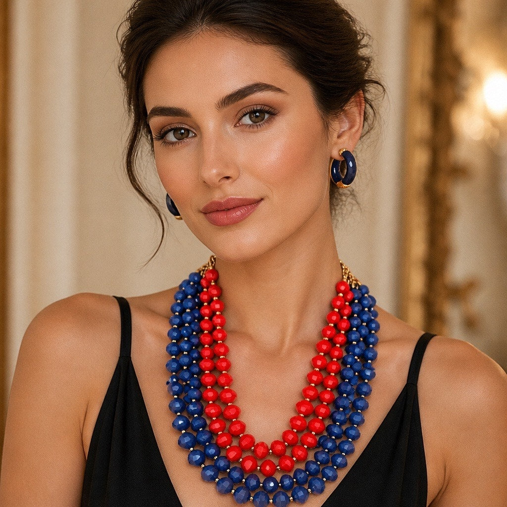 Retired Premier Designs Royal Blue and Red Beaded Multi-Row Necklace & Dual Earring Set