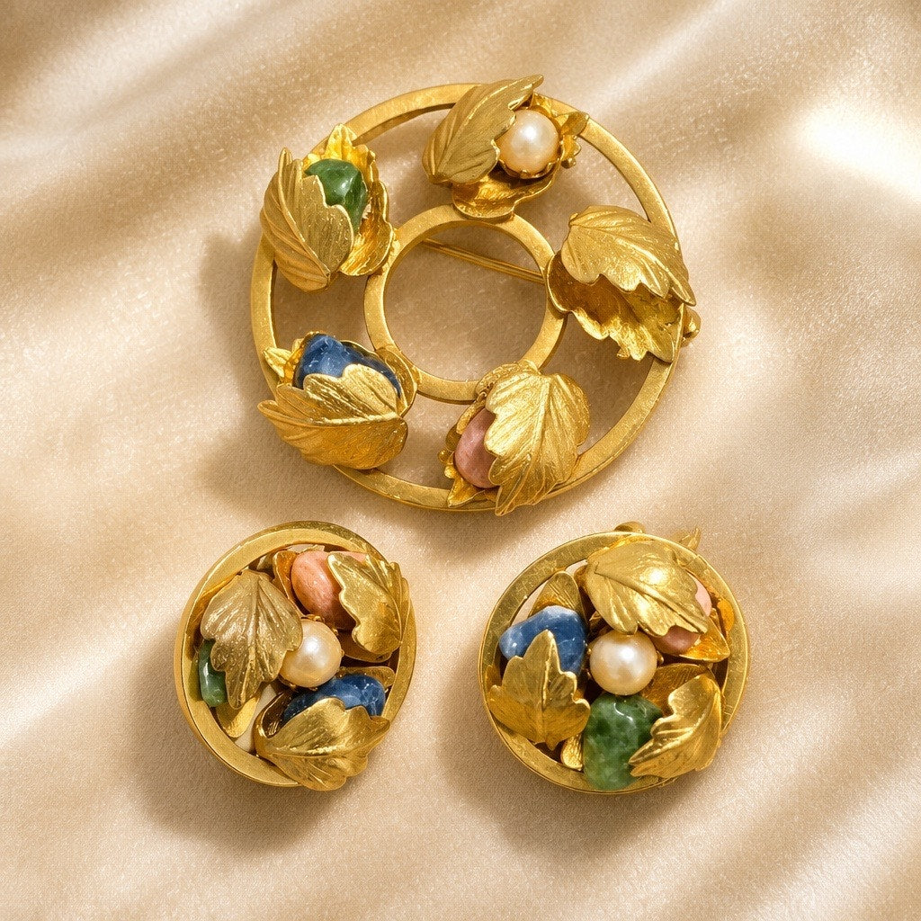 1960s Vintage Lady Coventry Gold Leaf Cluster Set • Semi-Precious Gemstones & Pearl Parure