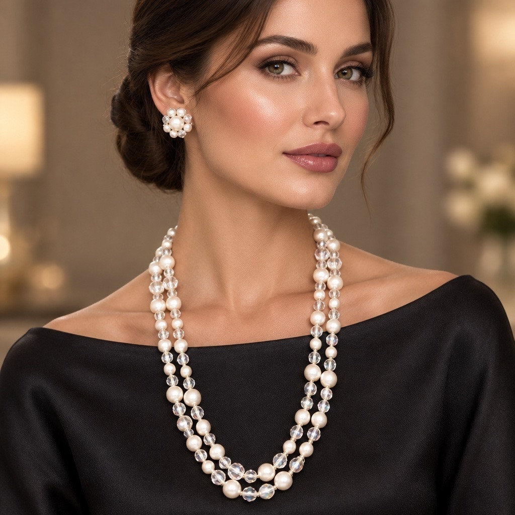 Vintage 1950s Faux Pearl and Aurora Borealis Crystal Layered Necklace Earrings Set