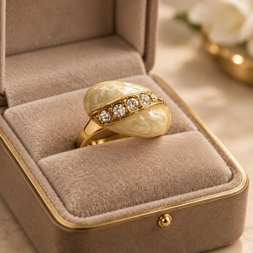 Vintage 1950s Ivory Deco Dome Cocktail Ring –Cream Enamel Asymmetrical Statement Ring