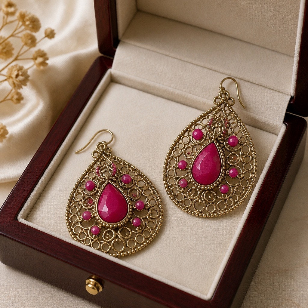 Vintage Golden Filigree Teardrop Earrings with Hot Pink Accents