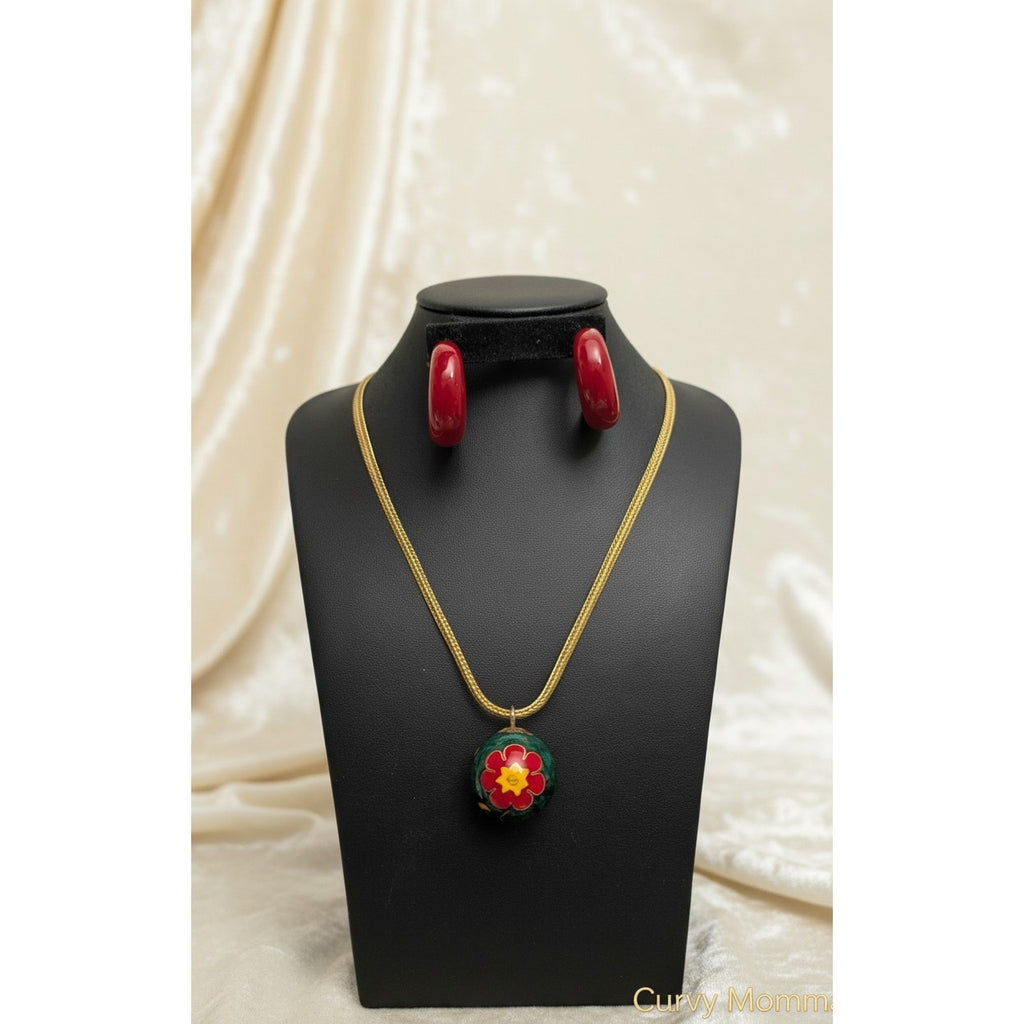 Vintage 1970s Cloisonne Enamel Flower Ball Pendant Necklace in Gold Tone with Red Hoop Earrings