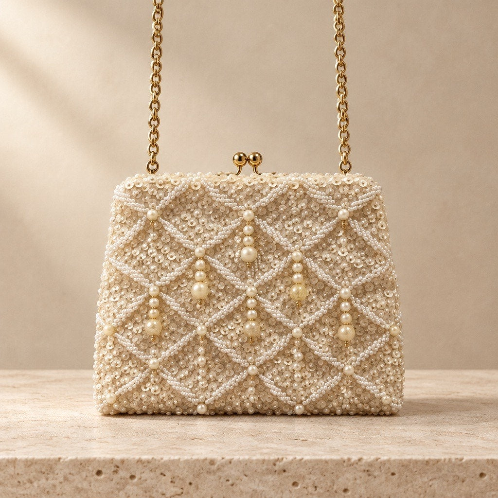 Luxury Mid Century 1950 s RARE Vintage Pearl Lattice Trellis Kiss-Lock Bag