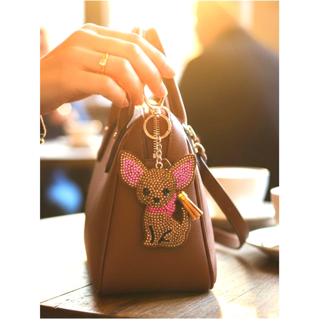 Sparkling Pink Chihuahua Dog  Keychain with Tassel