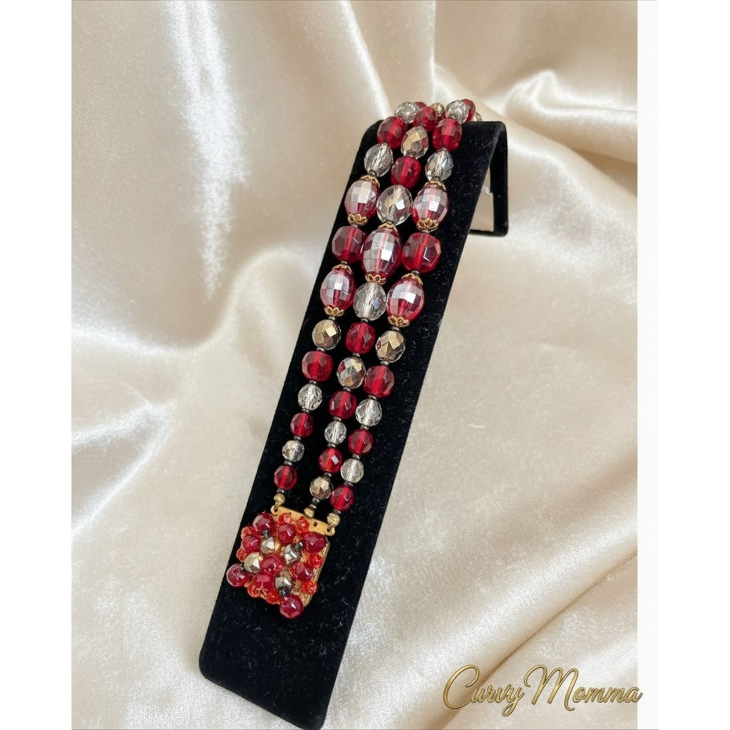 Vintage Mid-Century Ruby Red & Clear Faceted Glass Triple-Strand Vintage Bracelet