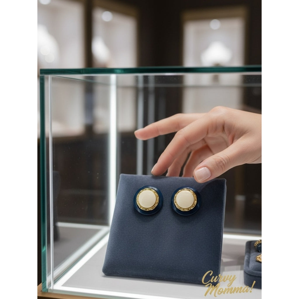 Vintage Classic Navy and Cream Round Button Earrings