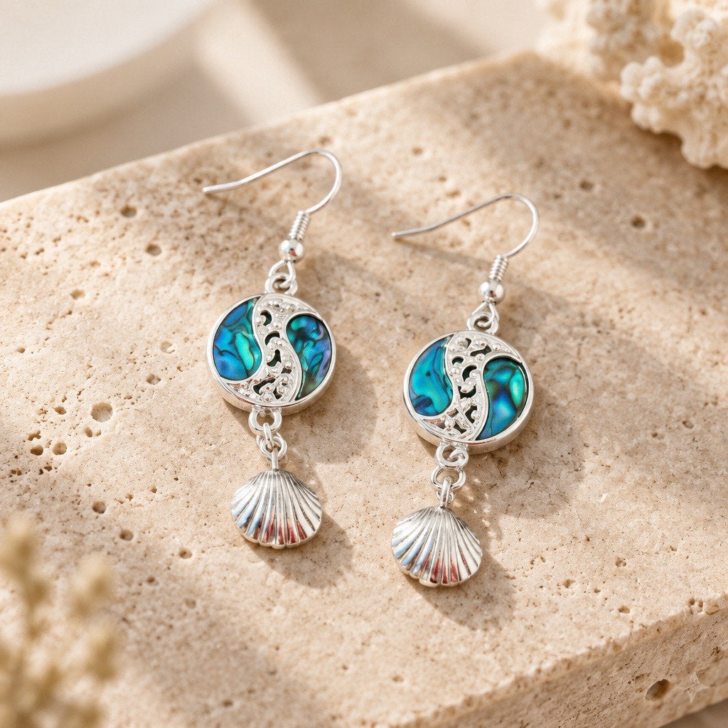 Abalone Filigree Drop Earrings, Sterling Silver Style Ocean Artifacts