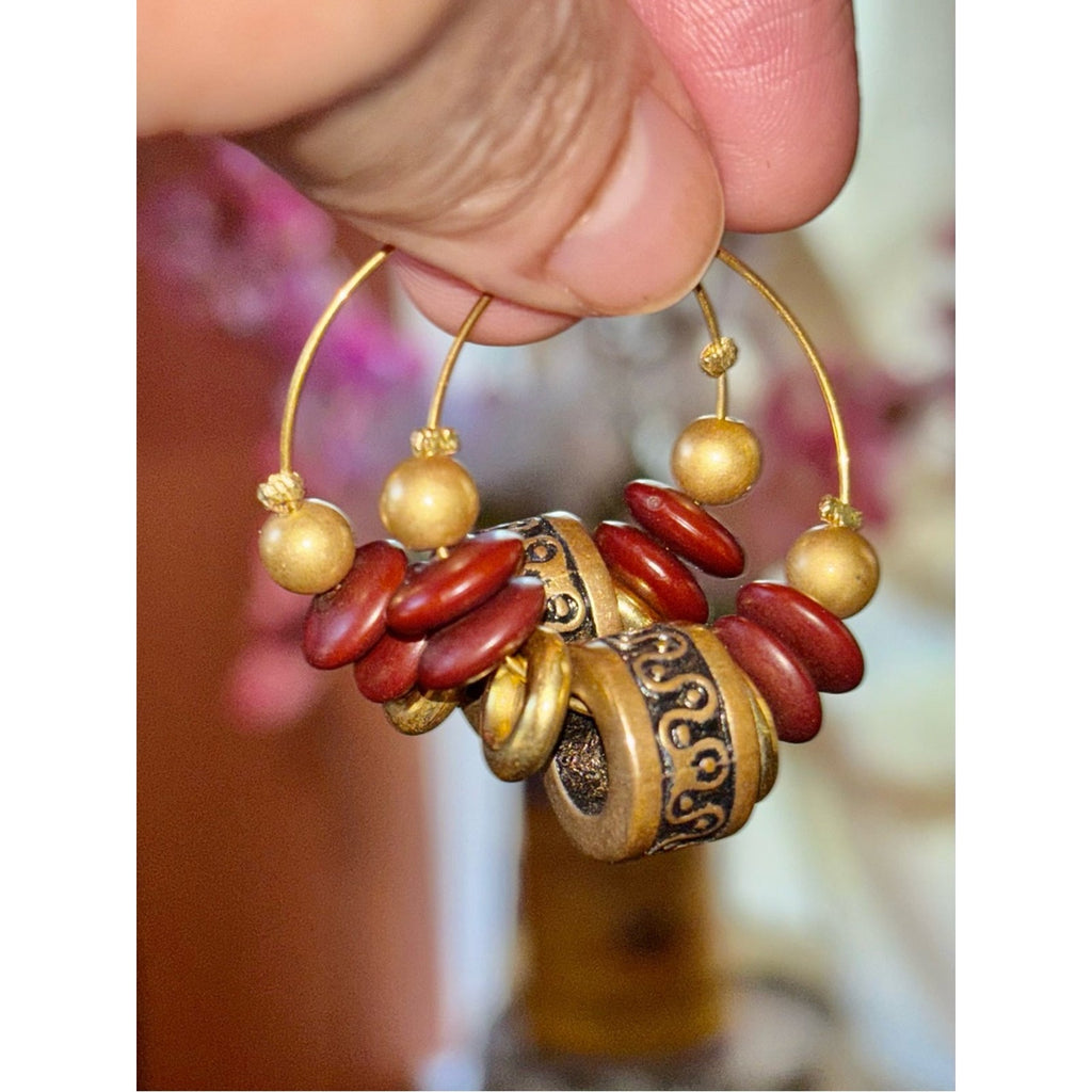 c1980s Handcrafted Southwestern Revival Terracotta Stamped Brass Filigree Hoops