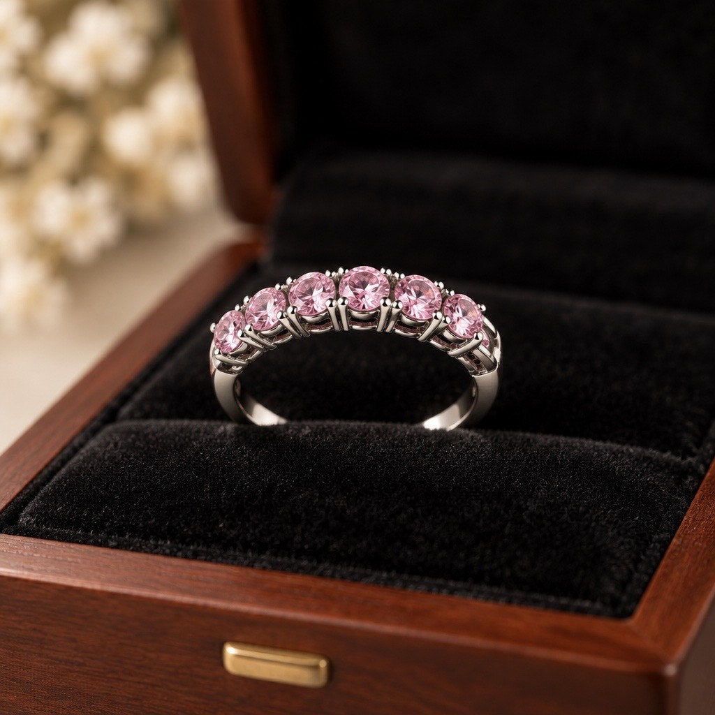 ✨ Vintage TGGC Signed 925 Sterling Silver 7-Stone Pink Tourmaline Eternity Band