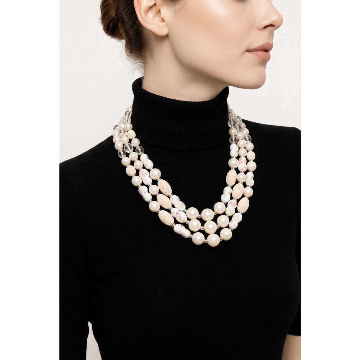 The Heirloom Garden Necklace – Triple-Strand Pearl & Floral Ceramic Statement