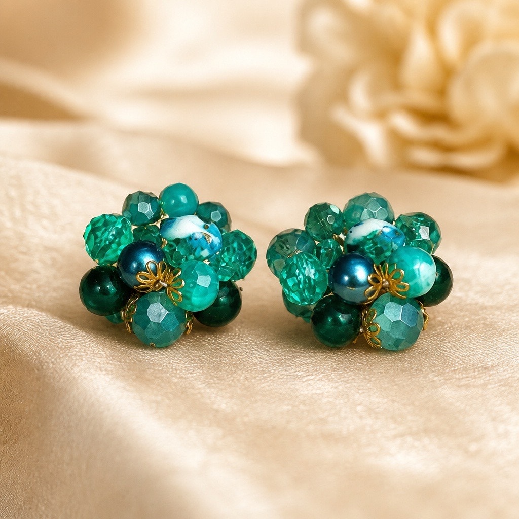 Mid-Century Germany Signed Emerald Green & Teal Faceted Glass Cluster Clip-Ons