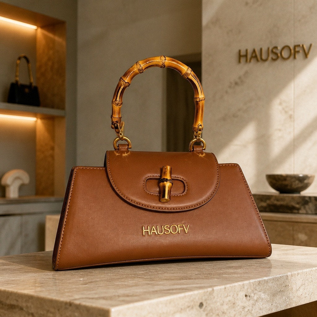 ✨ Hausofy Brown  Leather Bamboo Top Handle Satchel