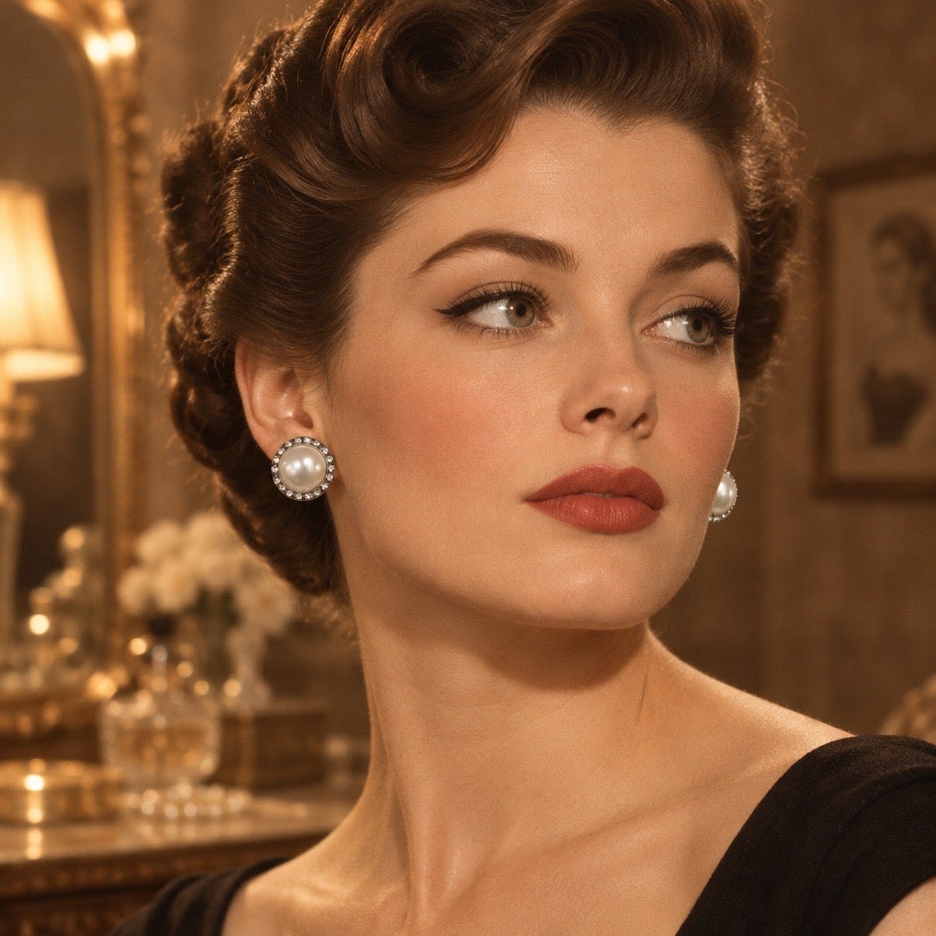 C 1950 Vintage Pearl Cabochon Border Clip and Crystal Halo Statement Earrings