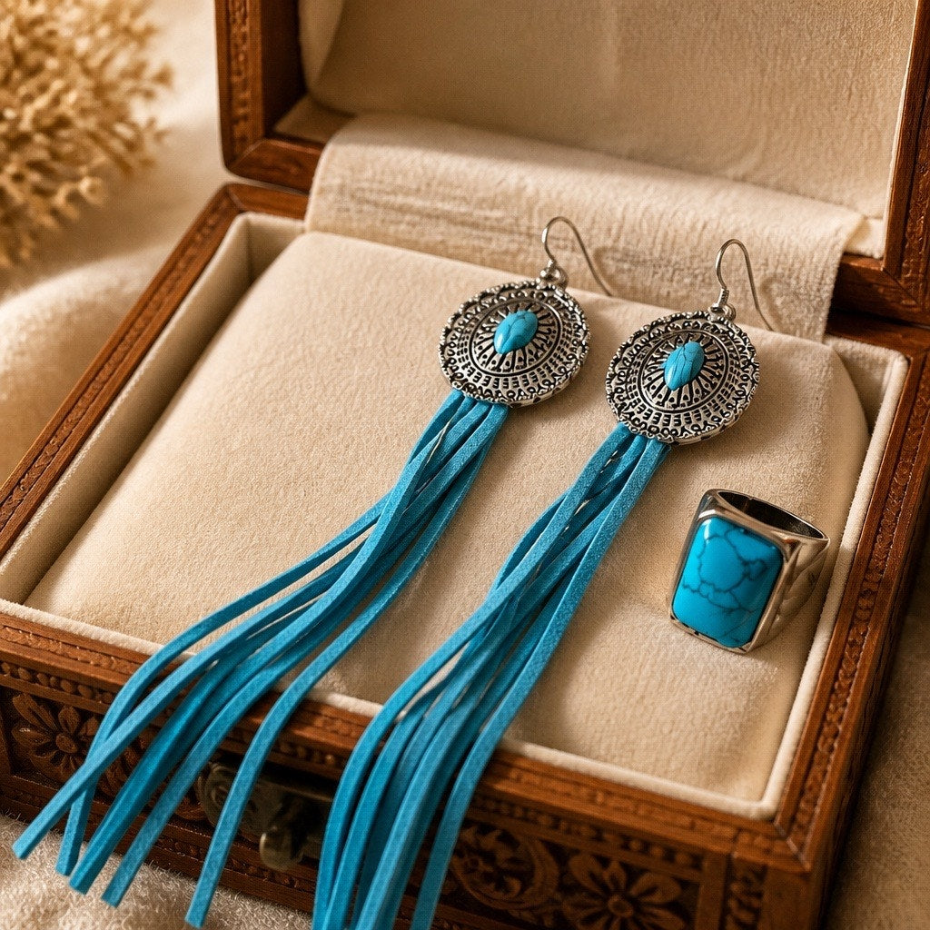 🌵 BOHO CHIC: Southwestern Turquoise Fringe Statement Set 🌵